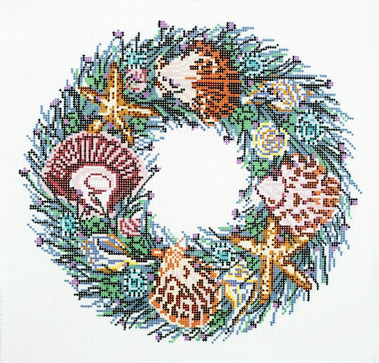 Wreath ~ Seashells & Starfish 12" Wreath handpainted 13 mesh Needlepoint Canvas by Needle Crossings