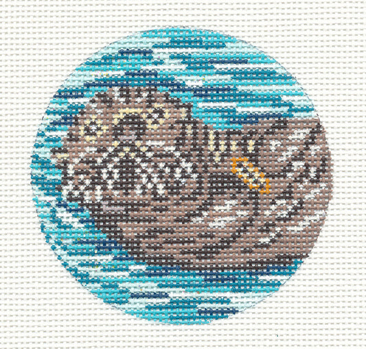 Round ~ Sea Otter with Shell Ornament handpainted 3" Needlepoint Canvas by Needle Crossings