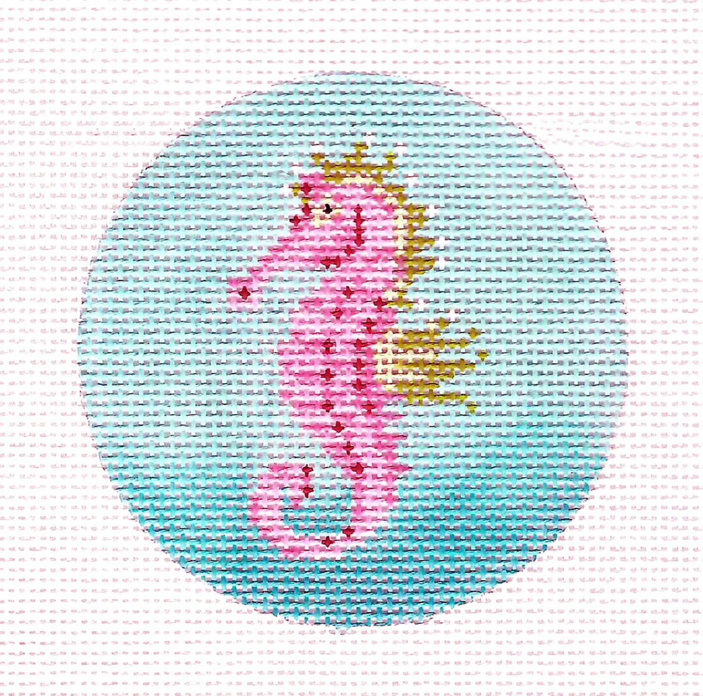 Kelly Clark ~ Seaside Pink Seahorse handpainted 3" Round Needlepoint Canvas by Kelly Clark