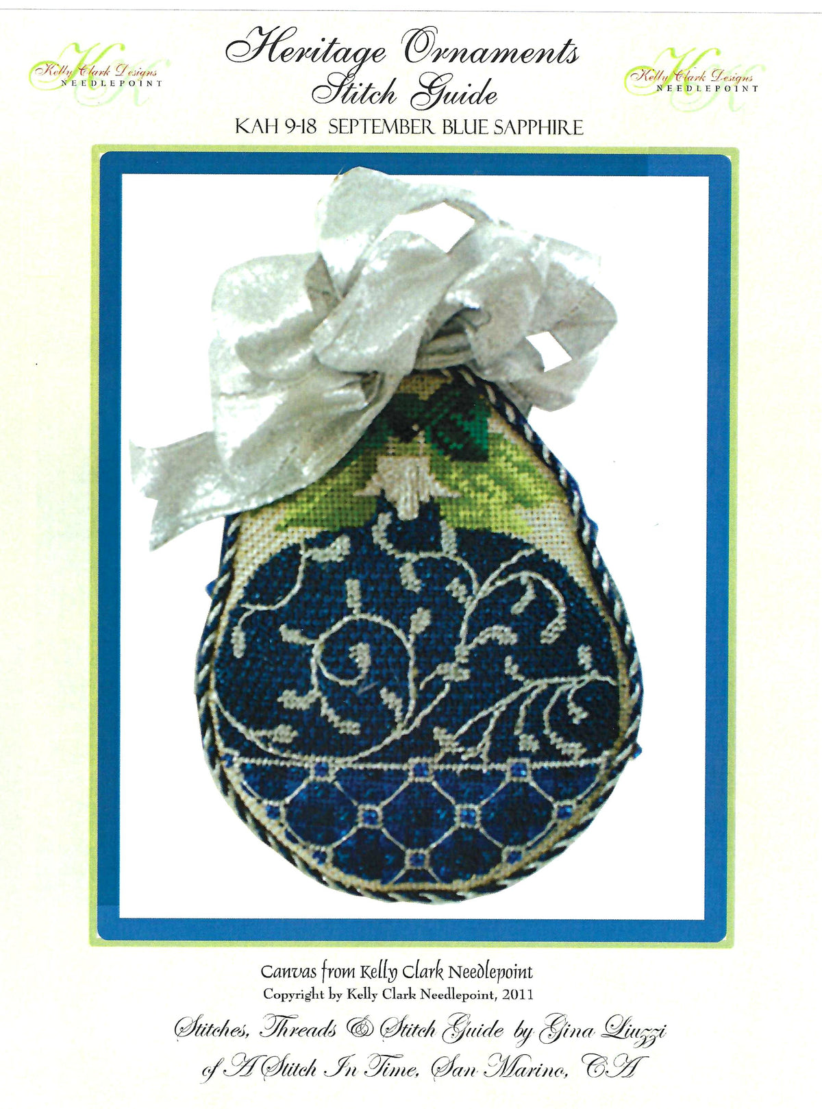 12 Months ~ Sapphire & Gold SEPTEMBER Monthly Ornament & Stitch Guide HP Needlepoint Canvas by Kelly Clark