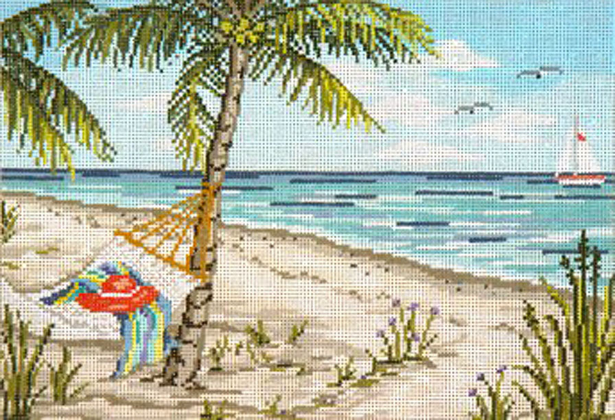 Beach Scene ~ Serene Tropical Beach Scene and Sailboat handpainted Needlepoint Canvas by Needle Crossings