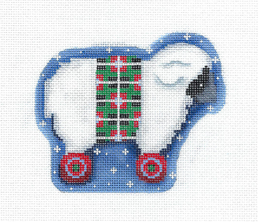 Christmas Sheep on Wheels handpainted Needlepoint Canvas Ornament by Assoc. Talents
