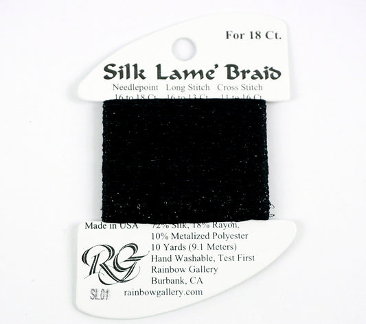 Silk Lame' Braid ~ Jet Black #SL01 Silk Lame' Braid 10 Yds for 18 Mesh Needlepoint by Rainbow Gallery