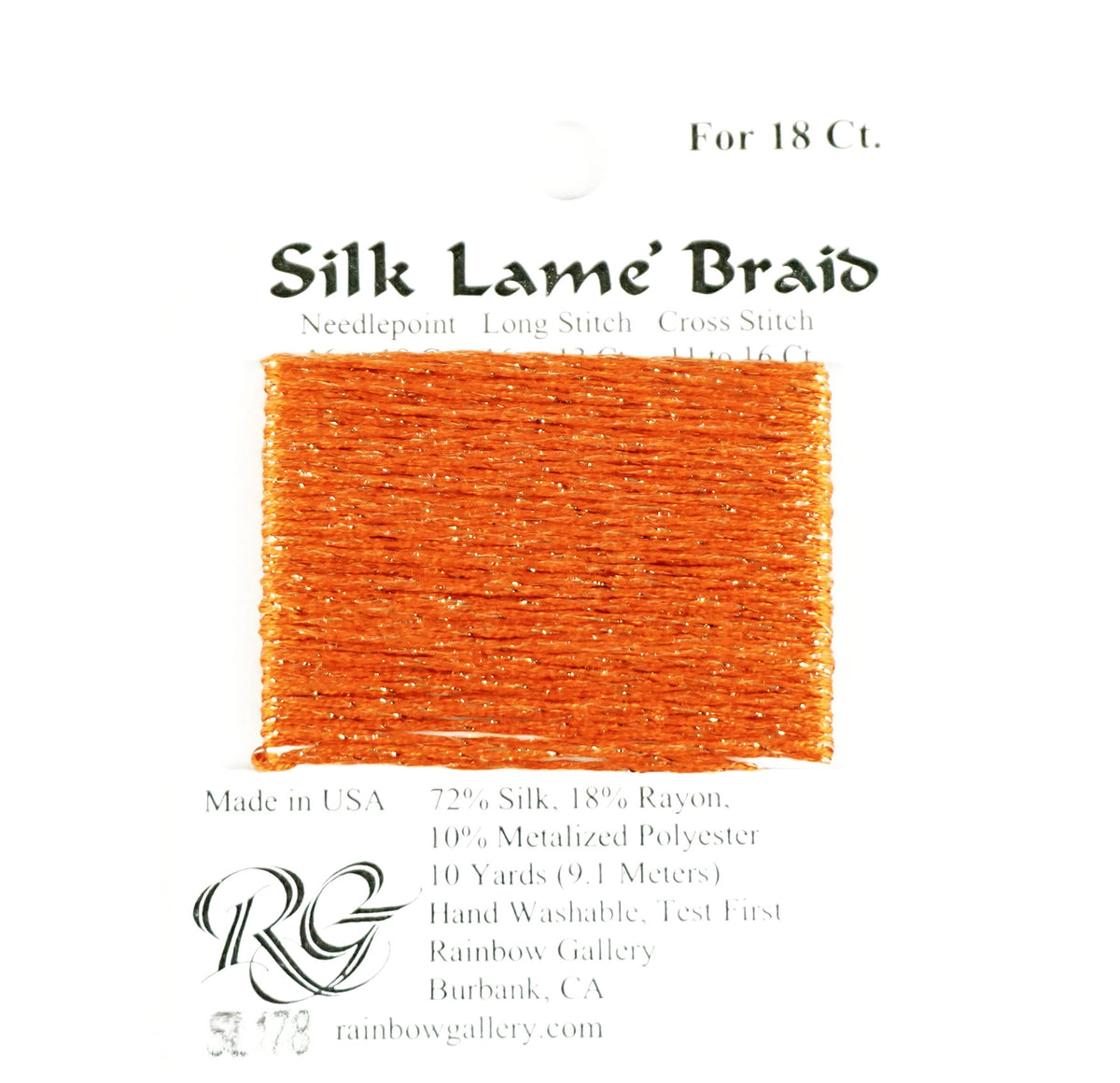 SILK LAME' Braid #SL178  "Persimmon" Needlepoint Stitching Thread  by Rainbow Galleryt