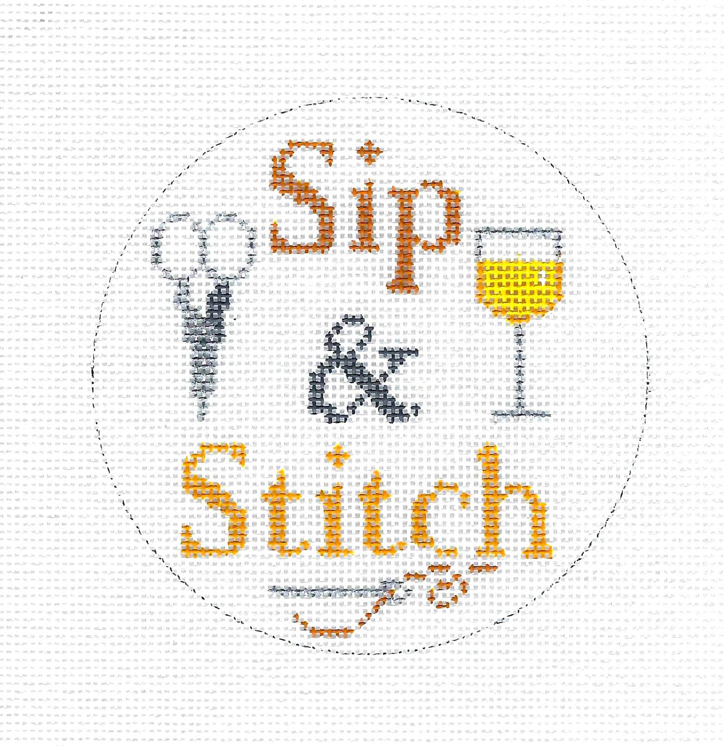 Sip & Stitch with a Glass of White Wine handpainted Needlepoint Ornament Canvas by ZIA ~ Danji