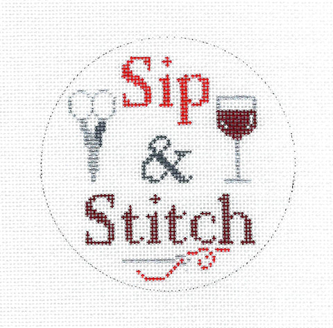 Sip & Stitch with a Glass of Red Wine handpainted Needlepoint Ornament Canvas by ZIA ~ Danji