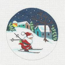 Christmas ~ Santa Skiing Through the Village  4" Round Needlepoint Canvas Ornament by Danji Designs