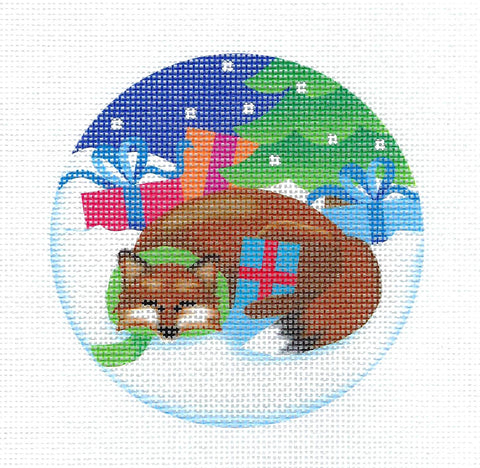 Christmas ~ Sleeping Red Fox Surrounded with Gifts 18 Mesh handpainted Needlepoint Ornament by Pepperberry