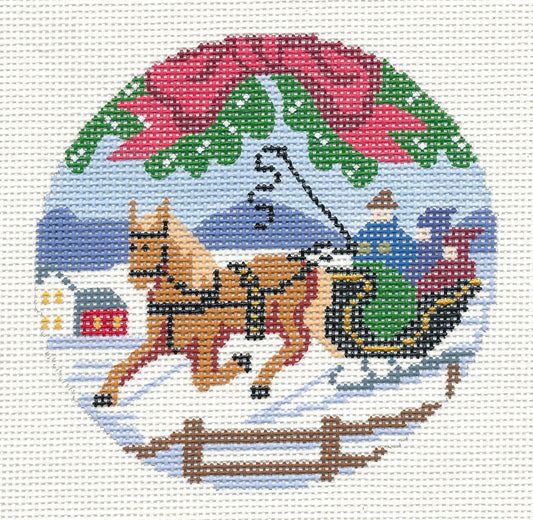 Winter Sleigh Ride 4" Rd. handpainted Needlepoint Canvas Ornament by Silver Needle