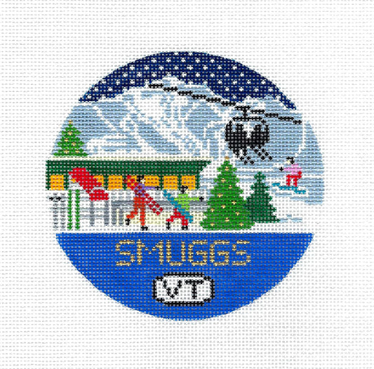 Ski Travel ~ Ski Smugglers Notch, Vermont  handpainted Needlepoint 4" Rd. Ornament by Doolittle