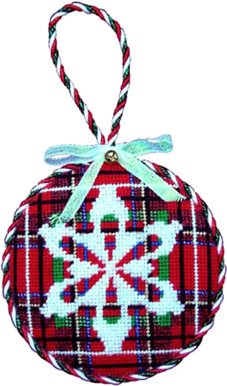 Christmas ~ Snowflakes On Plaid 3.5" Round handpainted Needlepoint Ornament Assoc.Talents