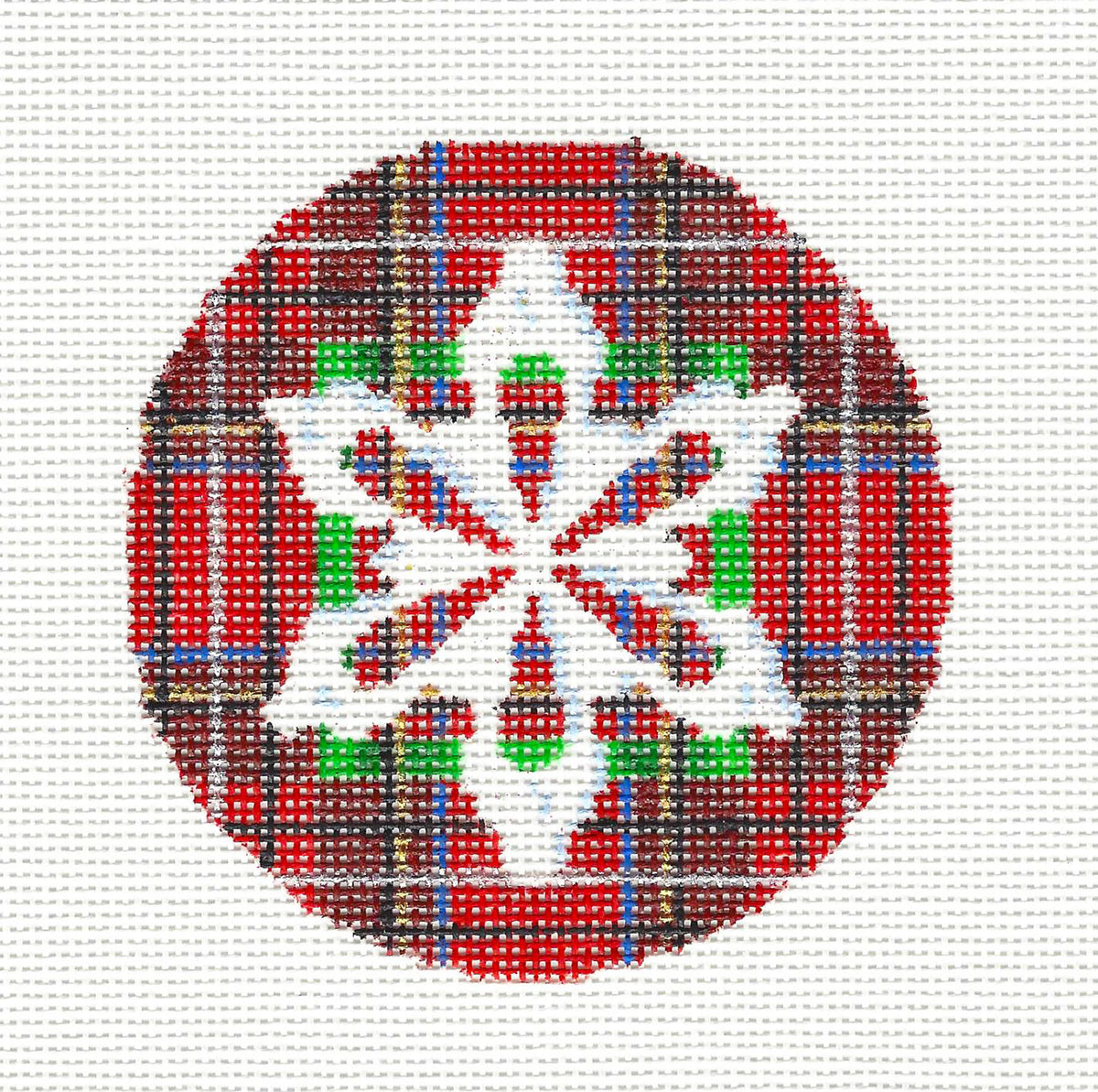 Christmas ~ Snowflakes On Plaid 3.5" Round handpainted Needlepoint Ornament Assoc.Talents