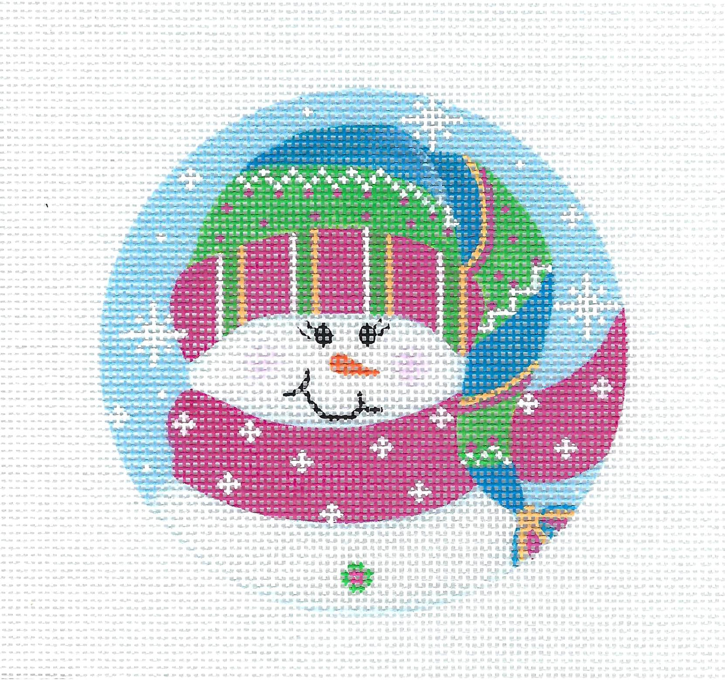 Ornament ~ Snow Lady with Snowflakes handpainted 18 mesh Needlepoint Ornament 4" Rd by Pepperberry