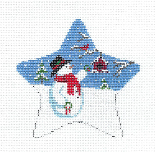 Christmas STAR ~ Snowman giving a Cardinal a Wreath Star handpainted Needlepoint Ornament Canvas by Susan Roberts