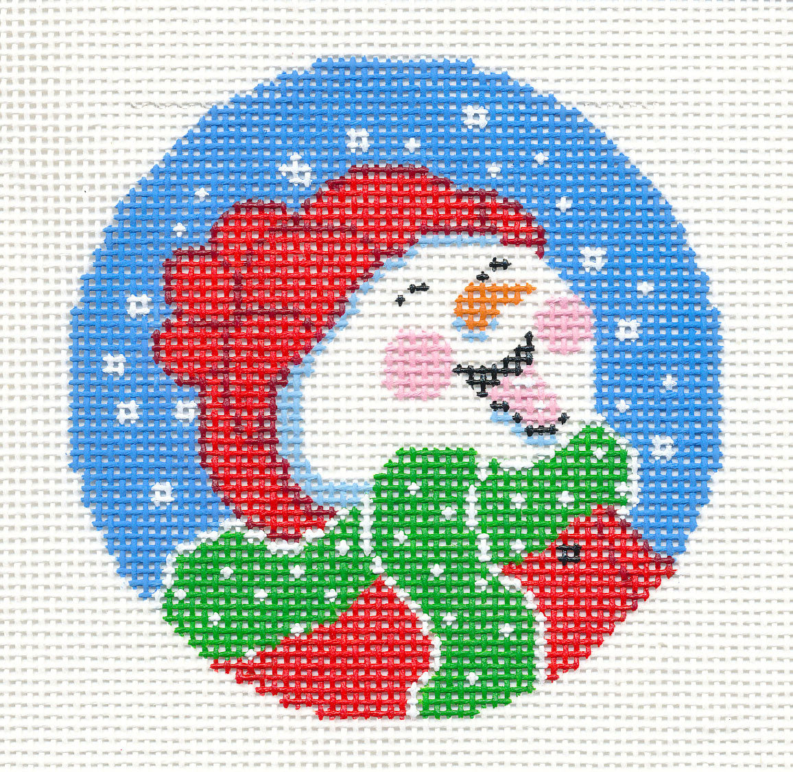 3" Round ~ Snowman Catching Snowflakes handpainted 3" Rd. Needlepoint Canvas Ornament by LEE