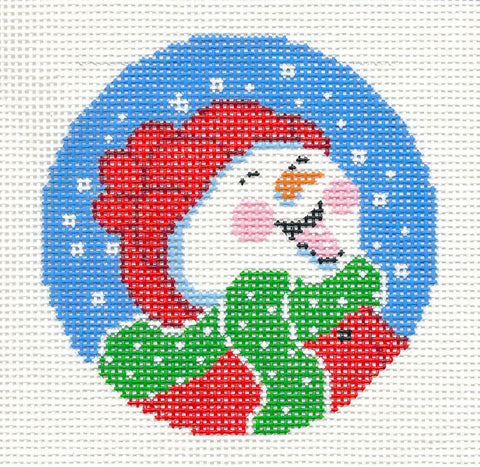 3" Round ~ Snowman Catching Snowflakes handpainted 3" Rd. Needlepoint Canvas Ornament by LEE