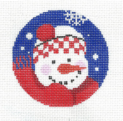 Adorable Snowman in Scarf & Hat handpainted 3" Rd. Needlepoint Canvas Ornament by LEE