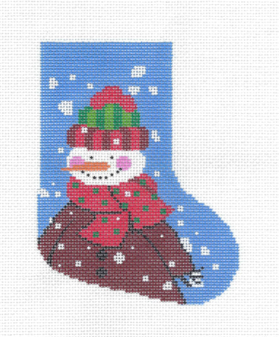 Mini Stocking ~ Snowman in Hat & Scarf in the Snowflakes handpainted Needlepoint Ornament by LEE
