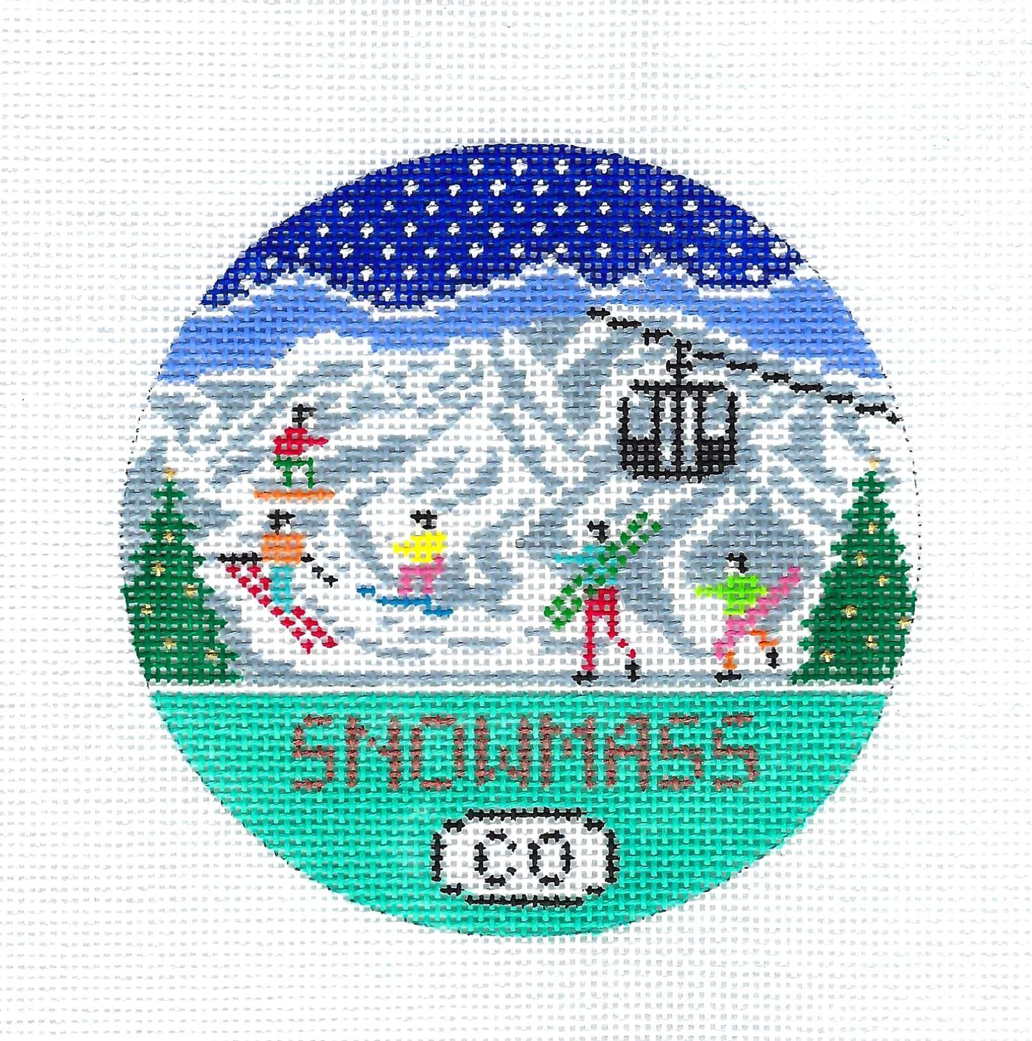 Ski Travel ~ Snowmass, Colorado  handpainted Needlepoint canvas 4" Rd. Ornament by Doolittle