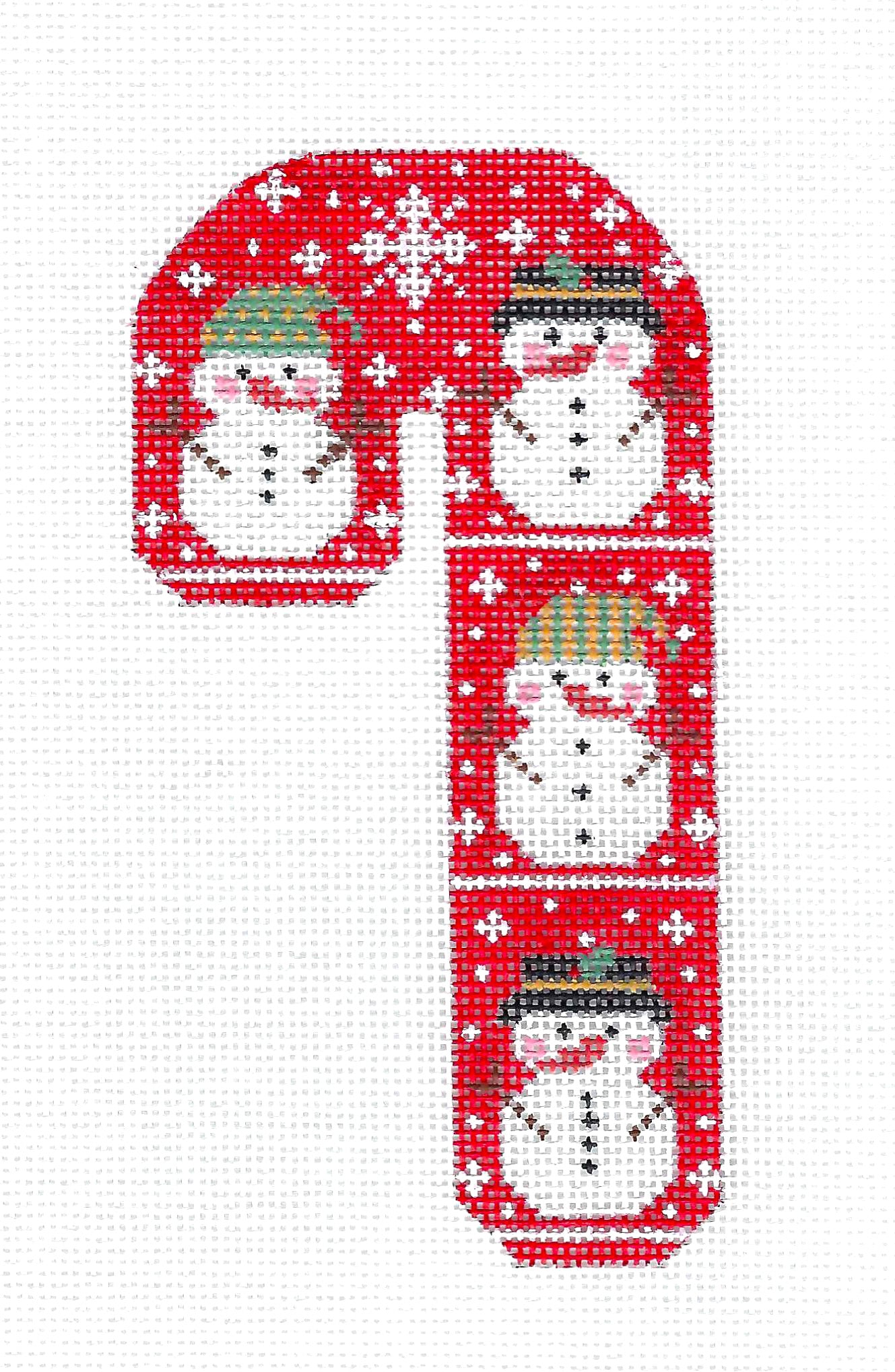 Candy Cane ~ Snowmen on Red Med. Candy Cane with Snowflakes handpainted Needlepoint Canvas CH Designs ~ Danji