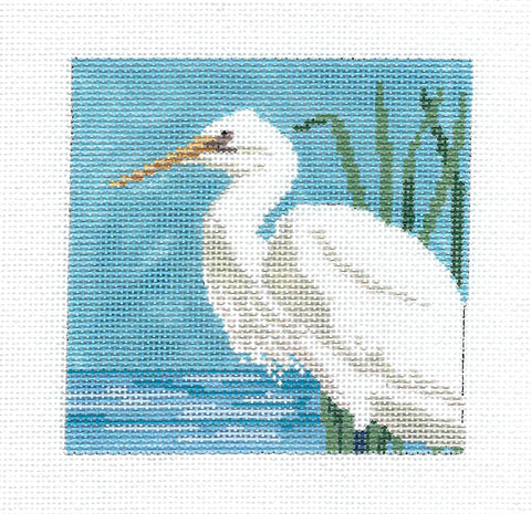 Coaster ~ White Snowy Egret 4" Sq. handpainted Needlepoint Coaster or Ornament by Susan Roberts