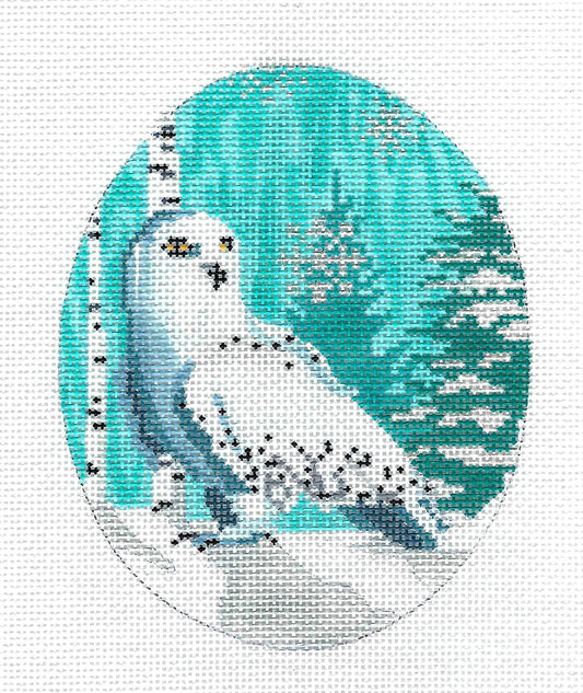 Bird Canvas ~ Snowy Owl in Winter Oval handpainted Needlepoint Canvas by Scott Church