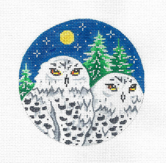Birds ~ 2 Snowy Owls in Moonlight Ornament handpainted Needlepoint Canvas by MM Designs