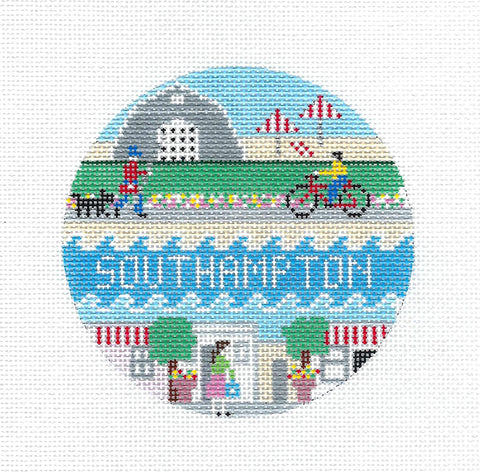 Travel Round ~ Southampton, New York handpainted Needlepoint 4" Rd. Ornament by Doolittle