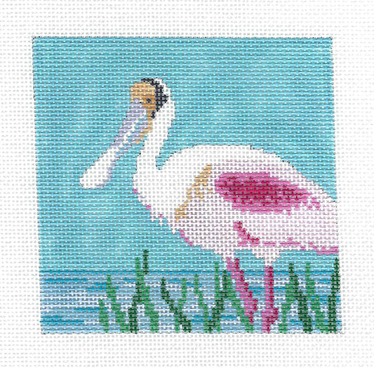 Coaster ~ Roseate Spoonbill  4" Sq. handpainted Needlepoint Coaster or Ornament by Susan Roberts