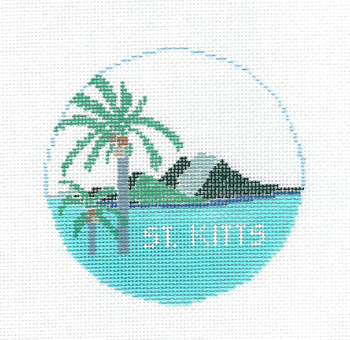 Travel ~ ISLAND of  ST. KITTS  4" Rd. handpainted 18 Mesh Needlepoint Canvas by Kathy Schenkel