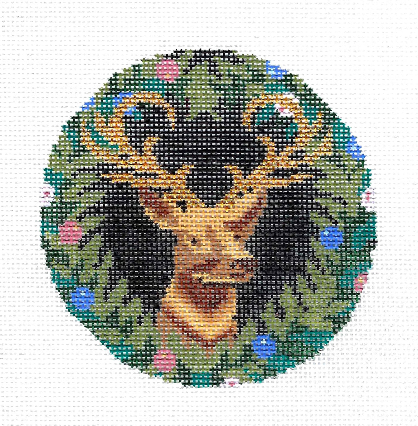 Christmas Royal Stag in Wreath Ornament handpainted Needlepoint Canvas by Abigail Cecile