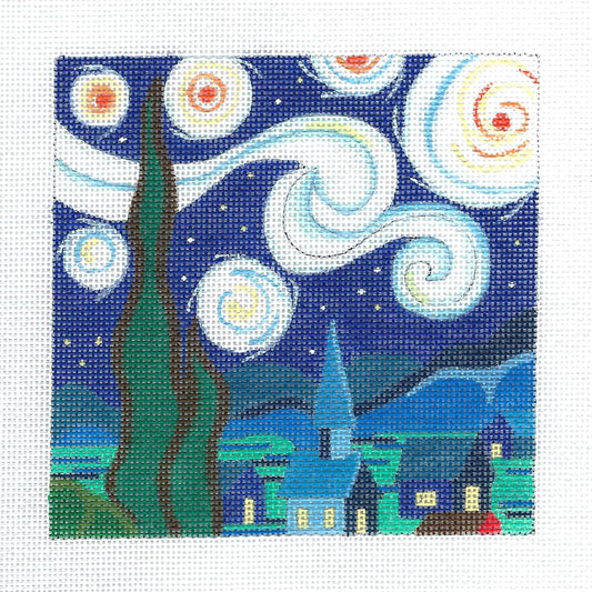 Starry Night Sky  5" by 5" handpainted 18 mesh Needlepoint Canvas by Raymond Crawford