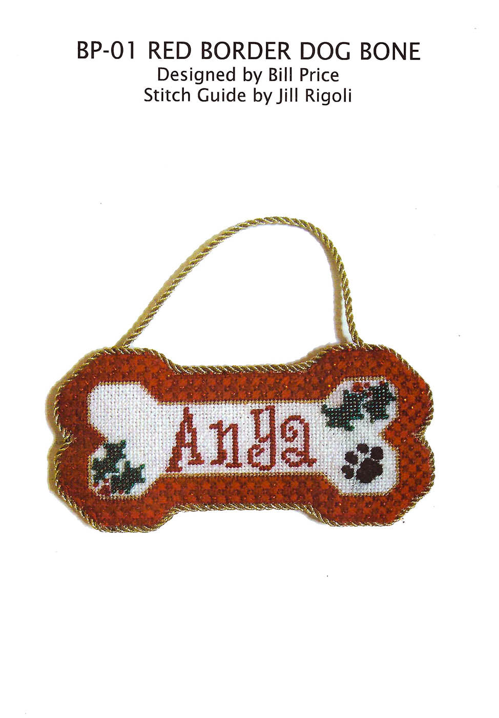 Dog Bone ~ Red with Holly & Paw Print 18 Mesh & STITCH GUIDE handpainted Needlepoint Canvas Ornament by BP Design from Danji