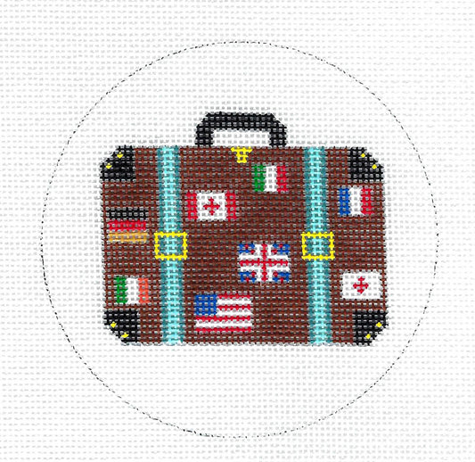 Travel ~ WORLD TRAVELER SUITCASE handpainted 18 Mesh Needlepoint 4" Rd. Canvas by ZIA from Danji