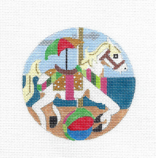 Summer Beach Carousel Horse handpainted 4" Rd. Needlepoint Ornament Melissa Prince