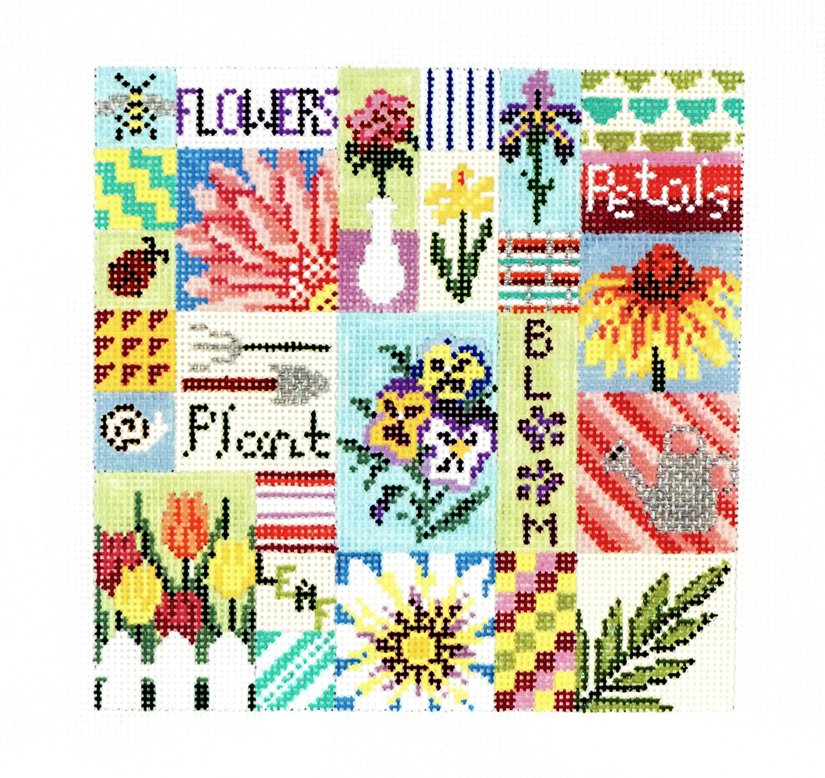 Summer Flowers Quilt 7.25" Square handpainted 13 mesh Needlepoint Canvas by Needle Crossings