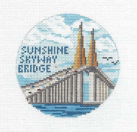 Travel Round ~ Sunshine Skyway Bridge in Tampa, Florida handpainted 4" Rd. Needlepoint Canvas by Needle Crossings