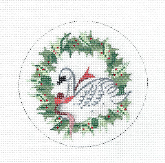 Christmas ~ White Swan in a Holly Wreath Ornament handpainted Needlepoint Canvas by MM Designs