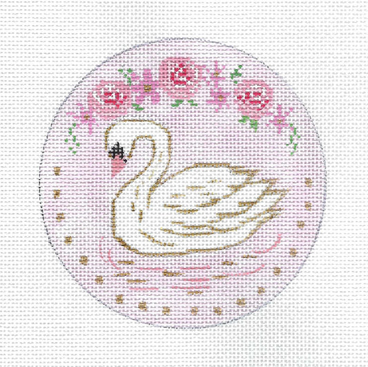 Swan with Roses on Pink handpainted 18 mesh Needlepoint Canvas by Alice Peterson