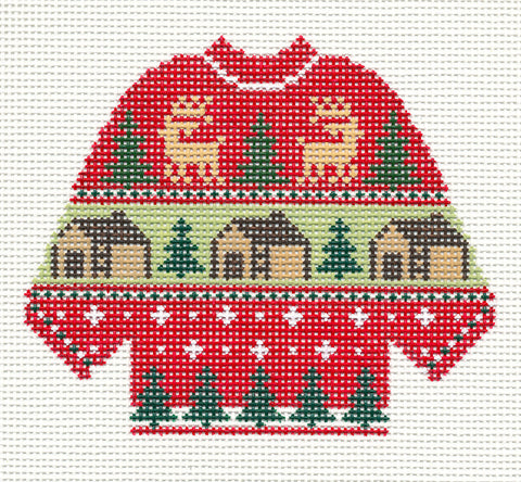Sweater ~ Cabins in the Woods handpainted Needlepoint Canvas by Silver Needle