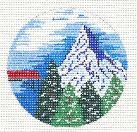 Round~4" Switzerland~ Destination round handpainted Needlepoint Canvas~ by Painted Pony Designs  **MAY NEED TO BE SPECIAL ORDERED**