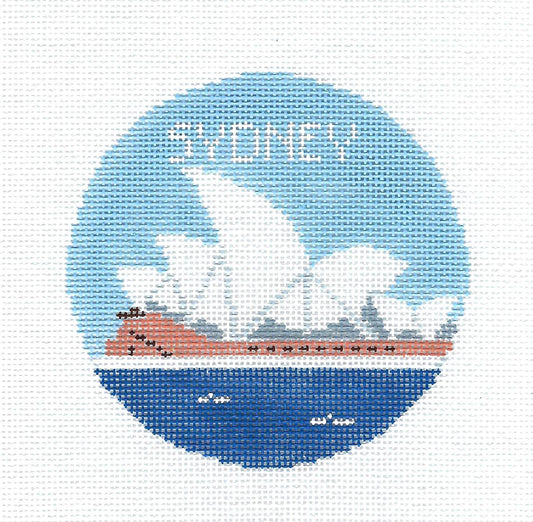 Travel Round ~ Sydney, Australia and the Opera House 4" Rd. handpainted 18 Mesh Needlepoint Canvas by Kathy Schenkel