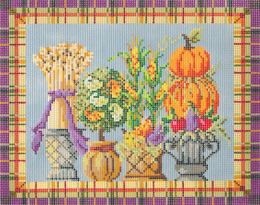Kelly Clark Canvas – Autumn Topiaries Canvas & Stitch Guide handpainted Needlepoint Canvas ** SP. ORDER**