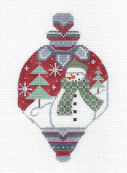 Ornament ~ Red & Sage Snowman with Trees Ornament on Handpainted Needlepoint Canvas by CH Designs Danji