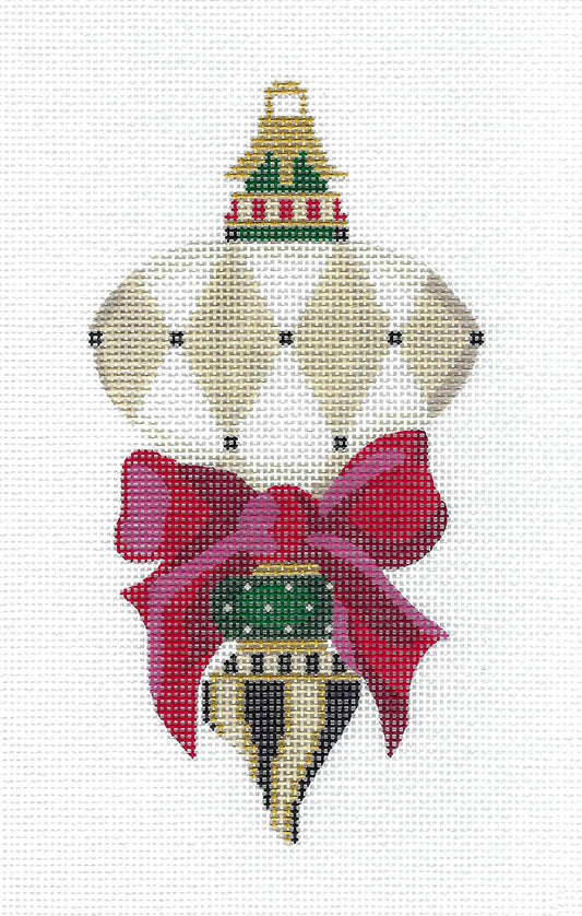 Ornament ~ Beige & White with Crimson Bow Ornament handpainted Needlepoint Canvas by Kelly Clark