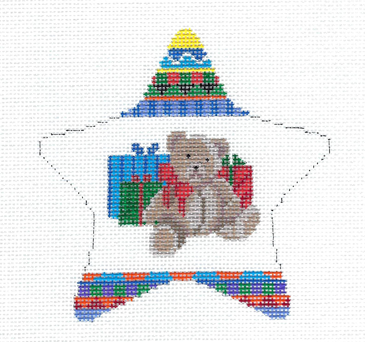 Christmas ~ Teddy Bear with Gifts STAR handpainted 18 Mesh Needlepoint Ornament Canvas by Susan Roberts