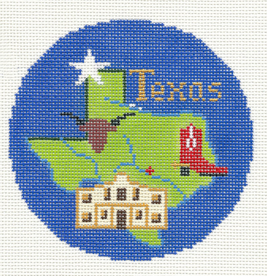 Travel Round ~ TEXAS State with the ALAMO handpainted 4.25" Needlepoint Canvas by Silver Needle