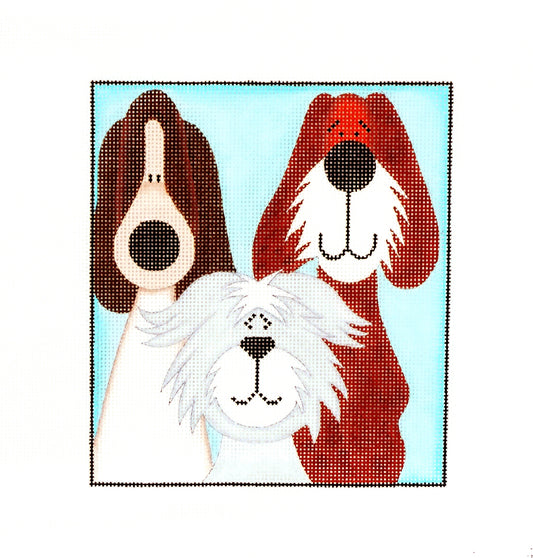 Dogs ~ 3 Tall Whimsical Pups adorable handpainted Needlepoint Canvas by Ludwin from Juliemar