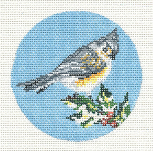 Round~4" Tufted Titmouse Bird Ornament handpainted Needlepoint Canvas~by Needle Crossings