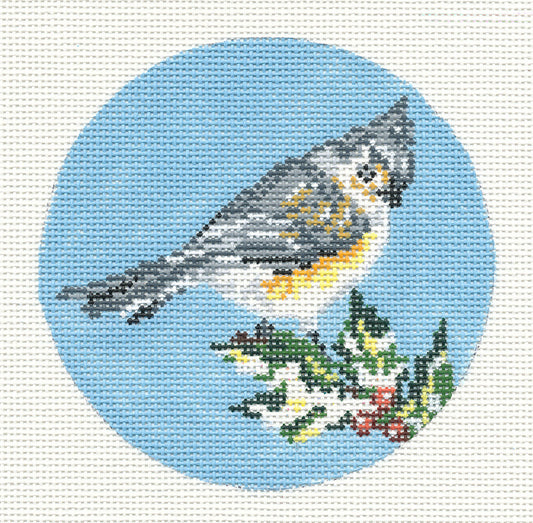 Round ~ Tufted Titmouse Bird Ornament 4" Rd. handpainted 18 Mesh Needlepoint Canvas by Needle Crossings